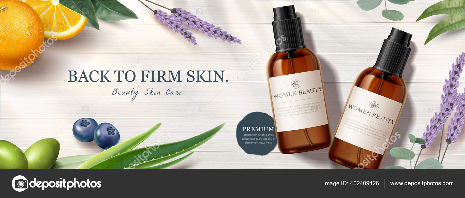 Ad banner for natural beauty products, skin care mock-ups set on white wooden table with organic ingredients, 3d illustration